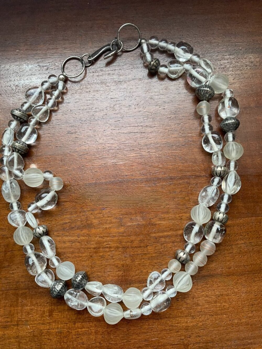 Double Strand Clear Frosted Beaded Necklace Silver Tone Hook Clasp 23"